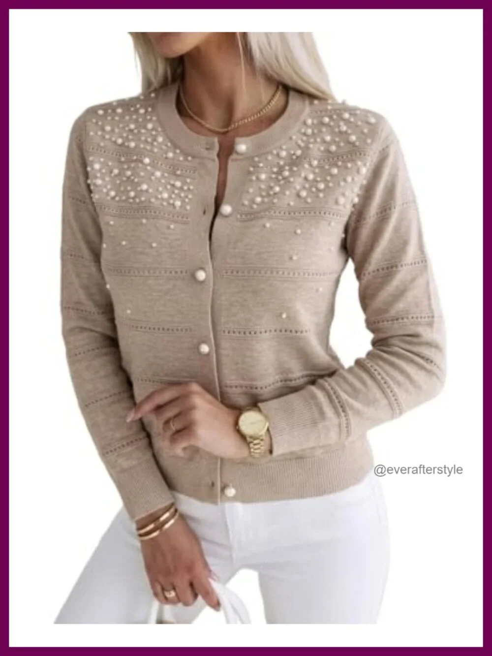 Women's Pearl Embellished Long Sleeve Knit Cardigan Sweater - Cropped & Elegant